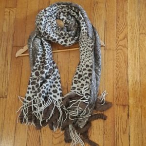 Leopard & Paisley Wool Scarf with Rabbit Fur